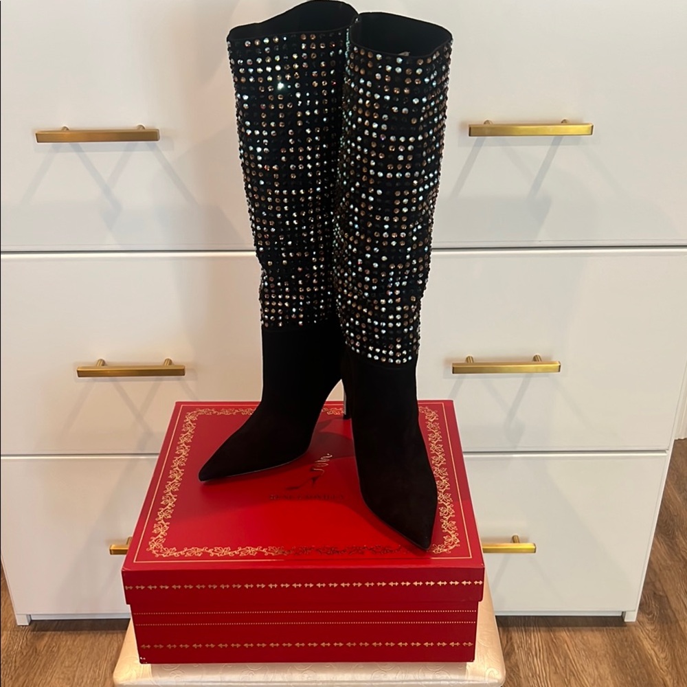 Rene Caovilla Black Heeled Boots with Crystal Embellishments